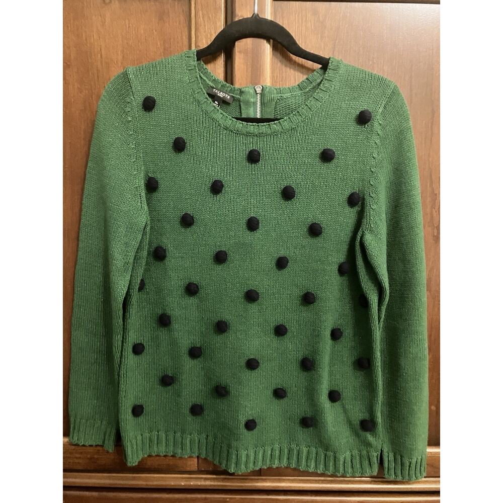 Talbots Sweater Womens Medium Petite Long Sleeve Pom Pom Green Back Zip Soft - Picture 2 of 8